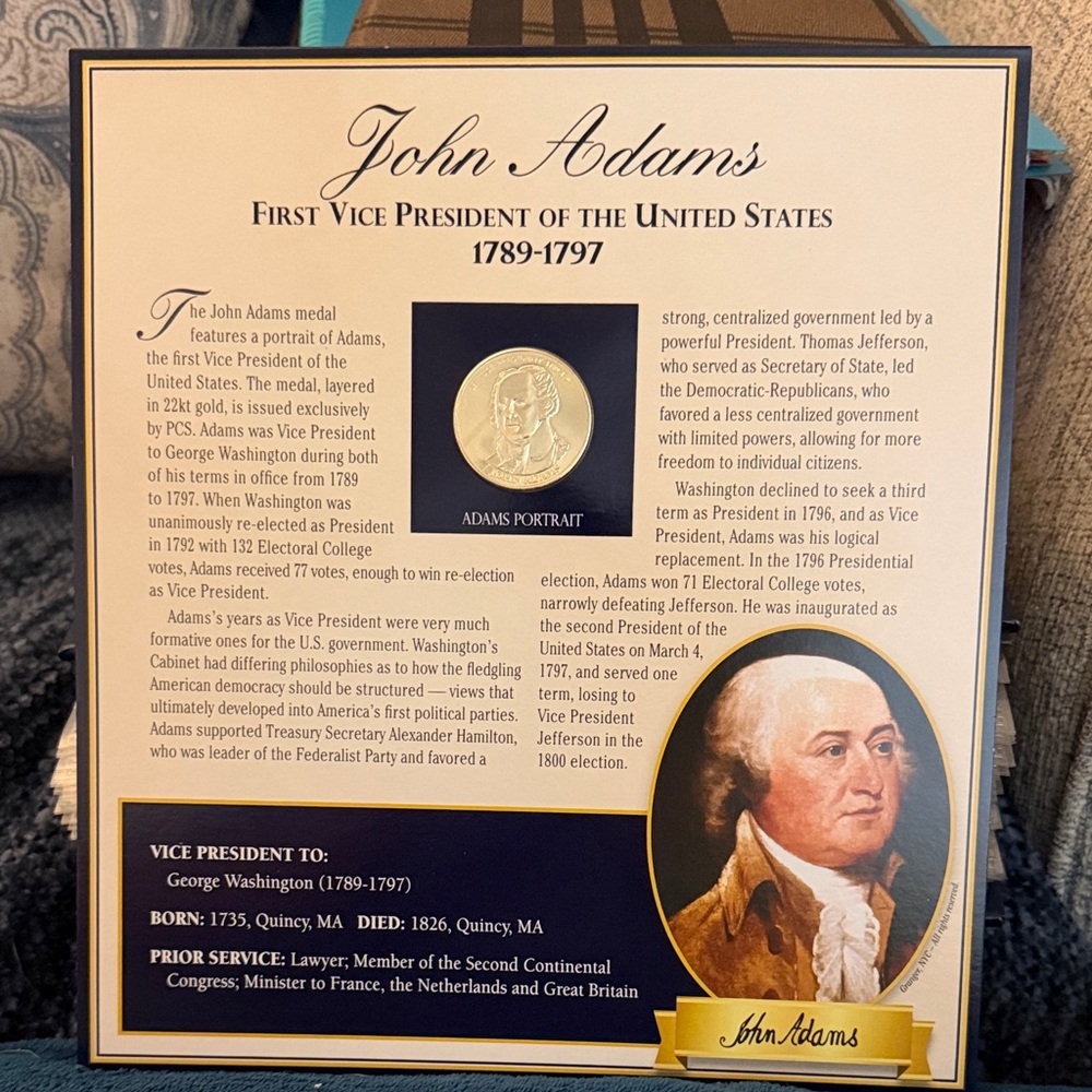John Adams Commemorative Coin with stamps